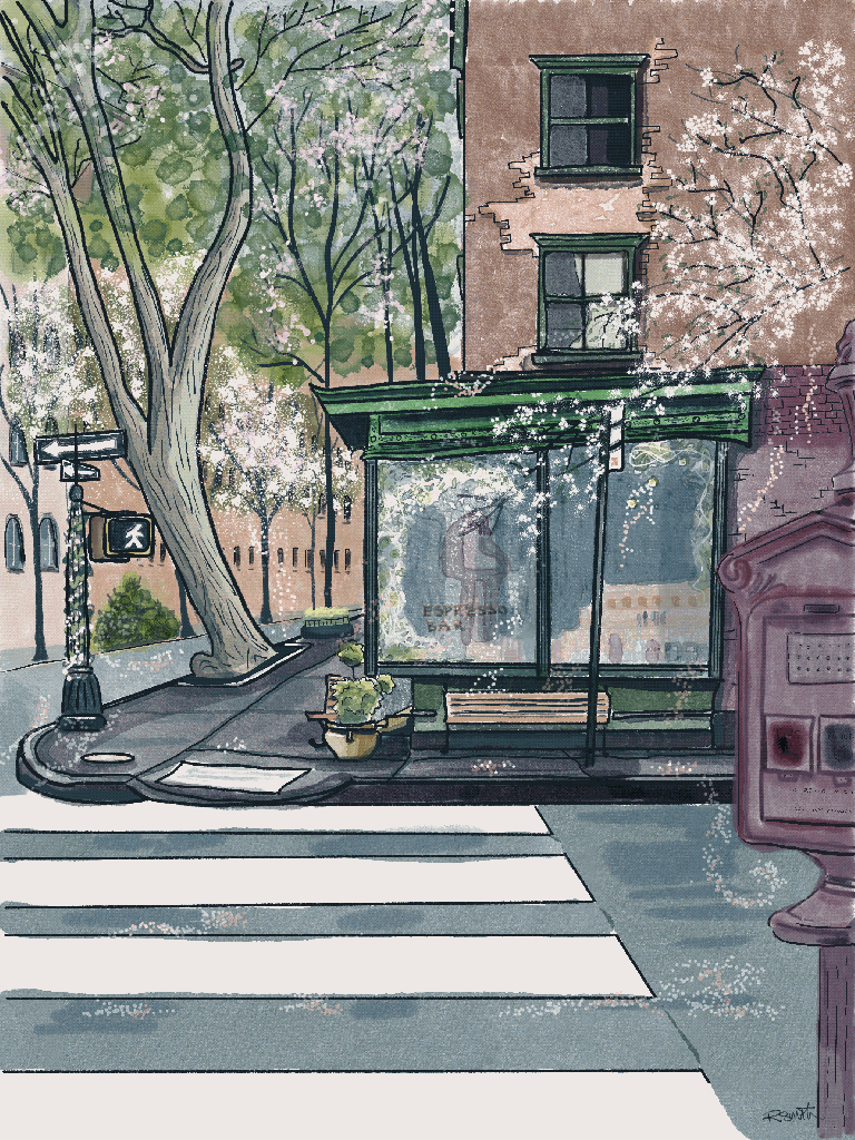 Animated illustration depicting a downtown shop in an urban environment with a crosswalk and a cherry blossom tree with blossoms falling on the ground because of the wind. The street is tree line and the shop has large windows and a bench outside.