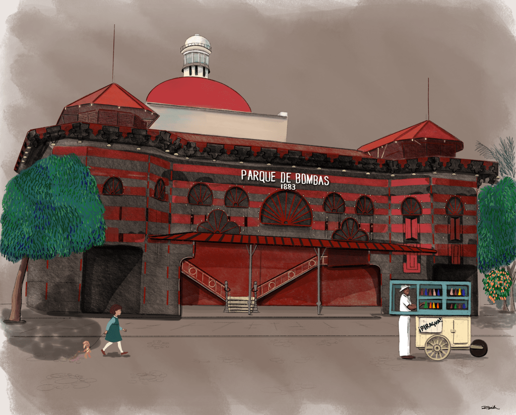 Picture book scene of a young girl in the town of Ponce, Puerto Rico, with her toy, created by Shutterbunny Illustrations. 