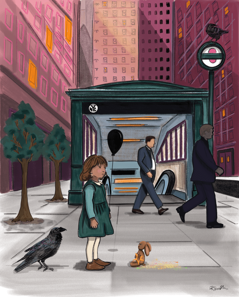 A small Puerto Rican girl stand on the sidewalk in front of of a subway station with people coming out