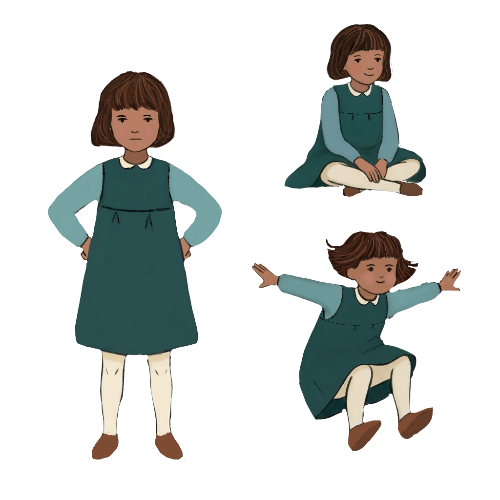 Character depicting a little Puerto Rican girl in a variety of poses and expressions. 