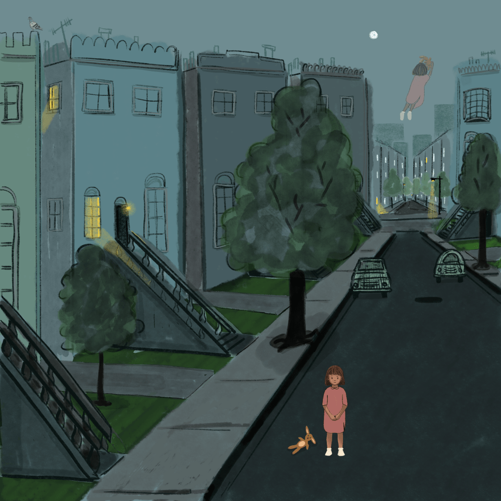 Little Puerto Rican girl stands on the street alone at night with her toy