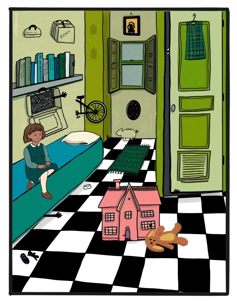 Surreal illustration of a young girl in her bedroom that is inhabited by her fears, with her toy, created by Shutterbunny Illustrations. 