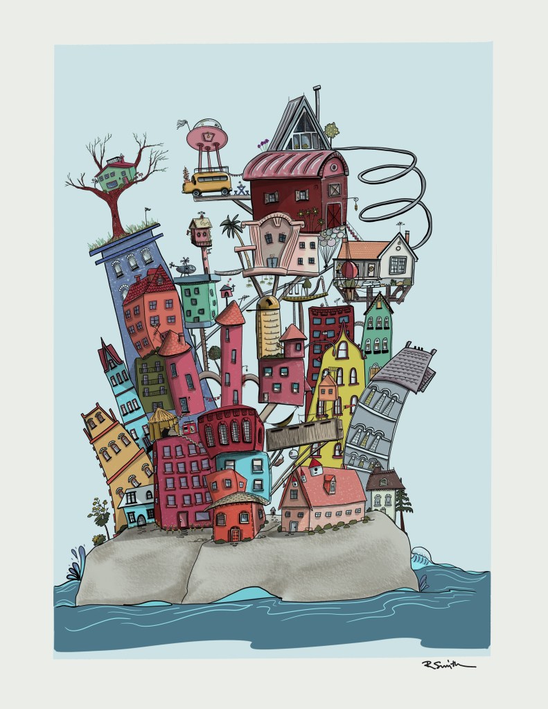 Whimsical island with a crazy array of houses built on top of each other with slides and passageways.