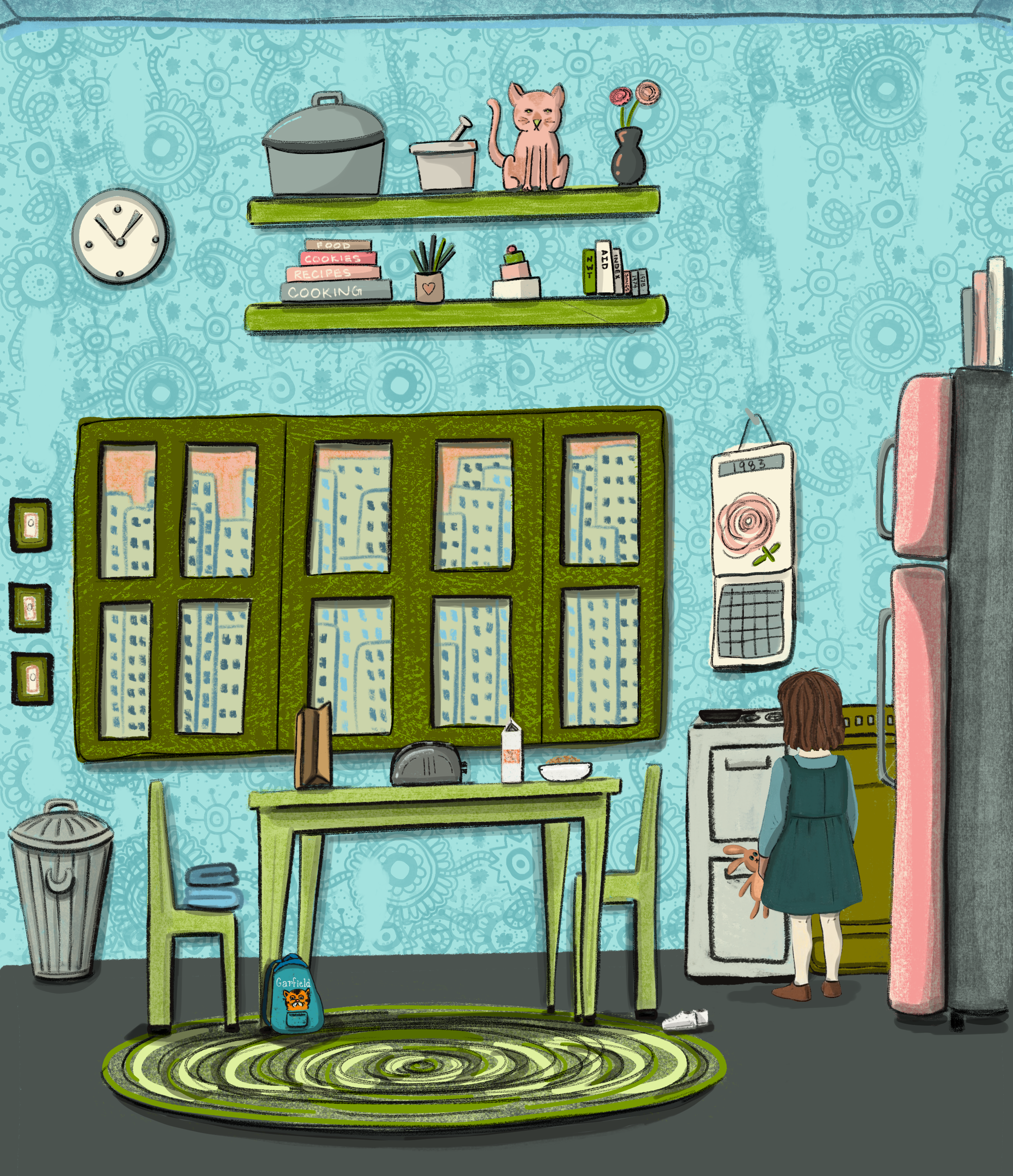 Puerto Rican girl stands alone in her house with her toy looking at the kitchen