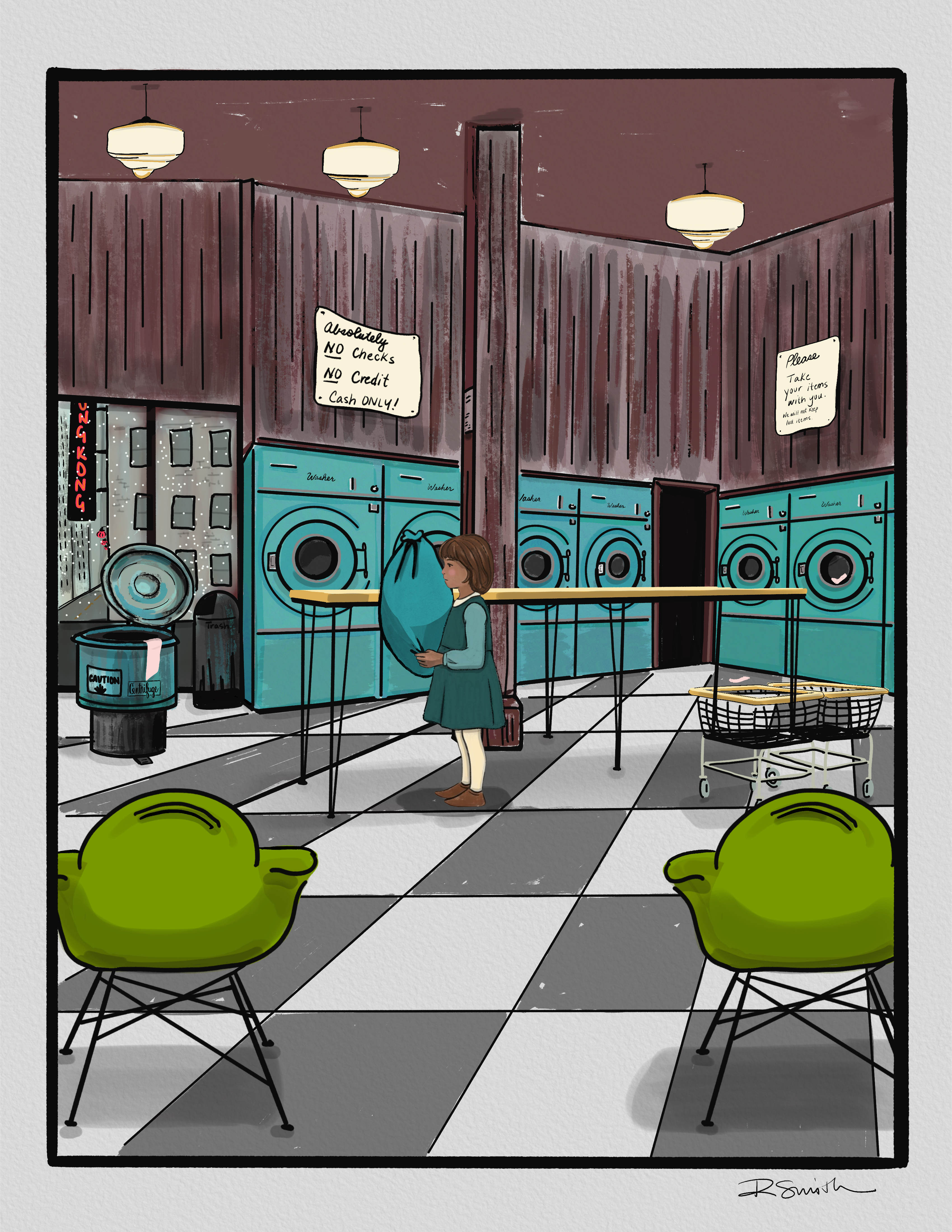 Little Puerto Rican girl stands holding folded clothes at the laundromat