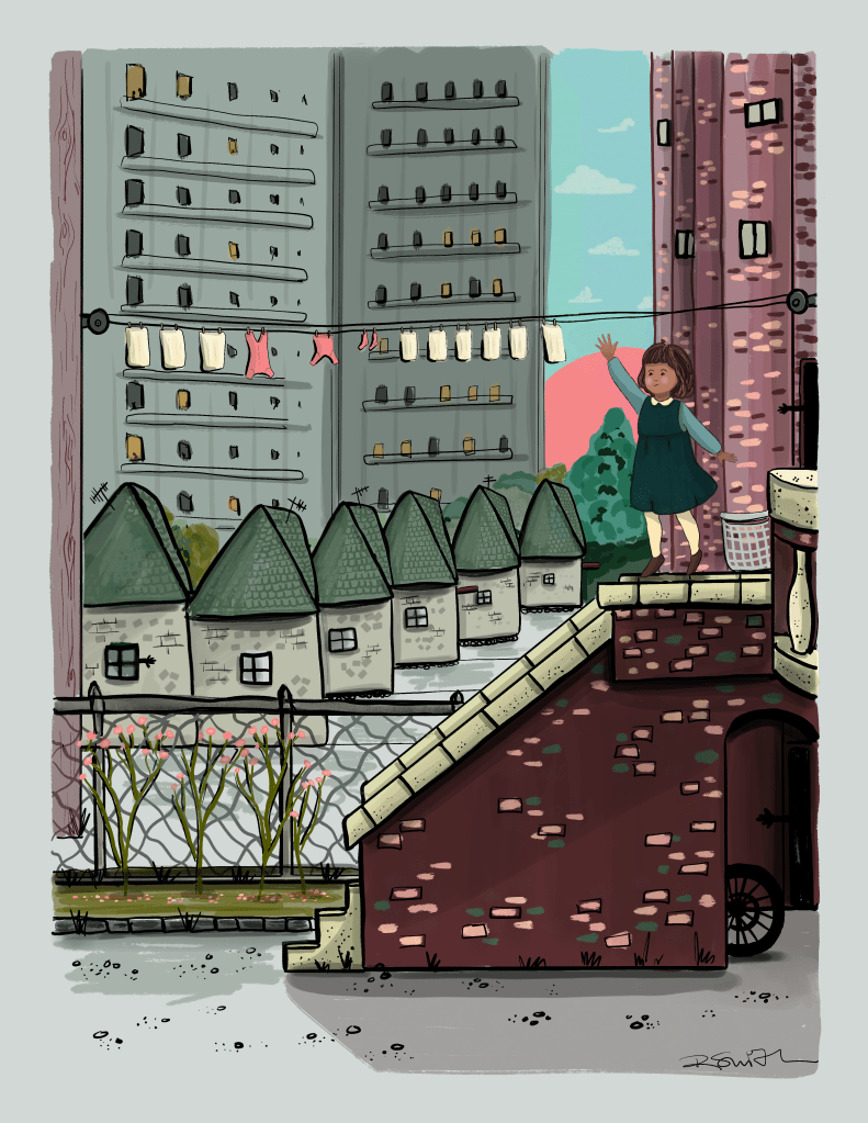 Little puerto rican girl is stretching to reach an outdoor clothing lone behind her house in Brooklyn