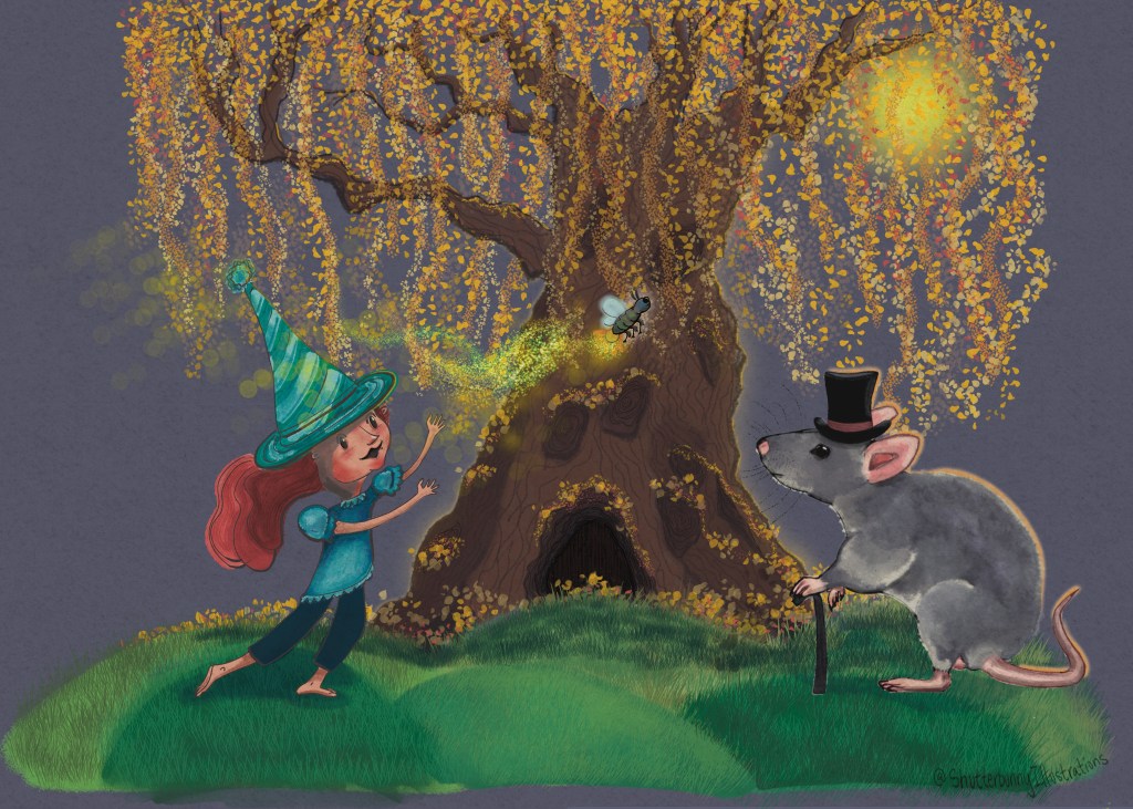 A storybook style illustration of A girl in a fantasy costume sits beneath a wisteria tree while playing with a magical firefly. A fancy older rat stands nearby.