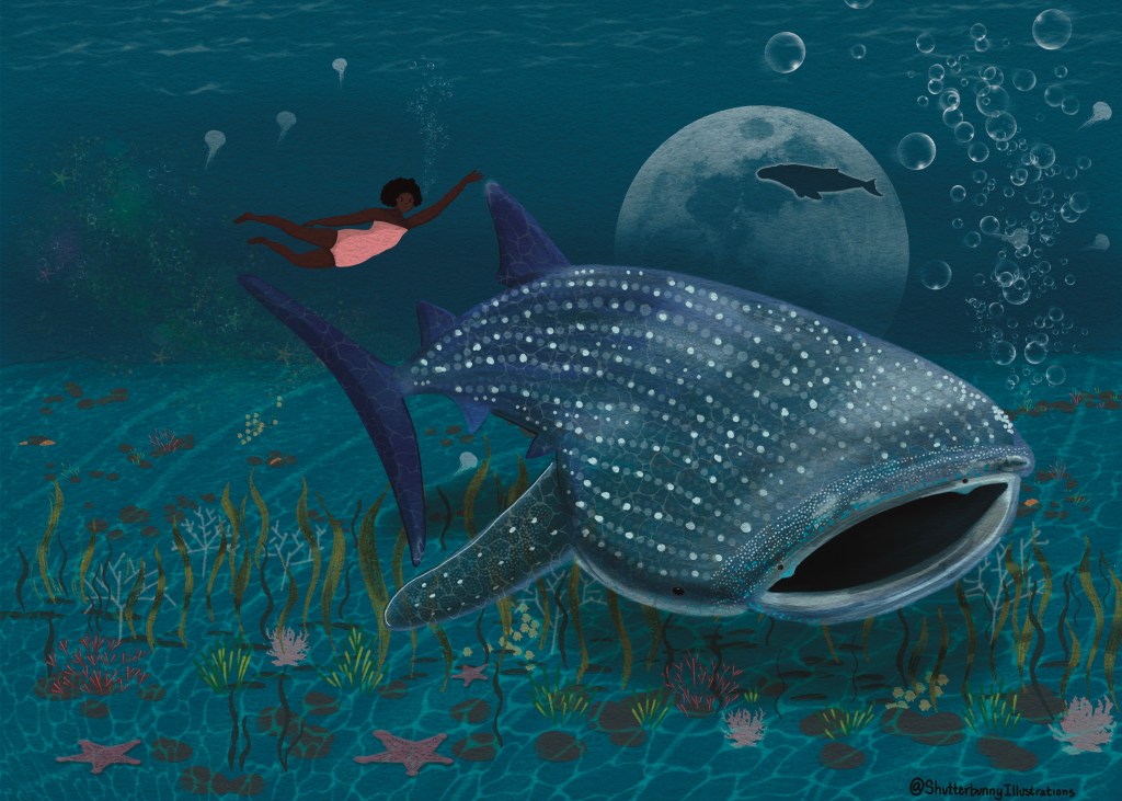 Fantasy illustration by Shutterbunny Illustrations. A woman with brown skin swims in deep water with a whaleshark. There is plants and coral on the seabed. Starfish and jellyfish swim nearby. In the distance the moon rises underwater. There’s a silhouette of another whale nearby.